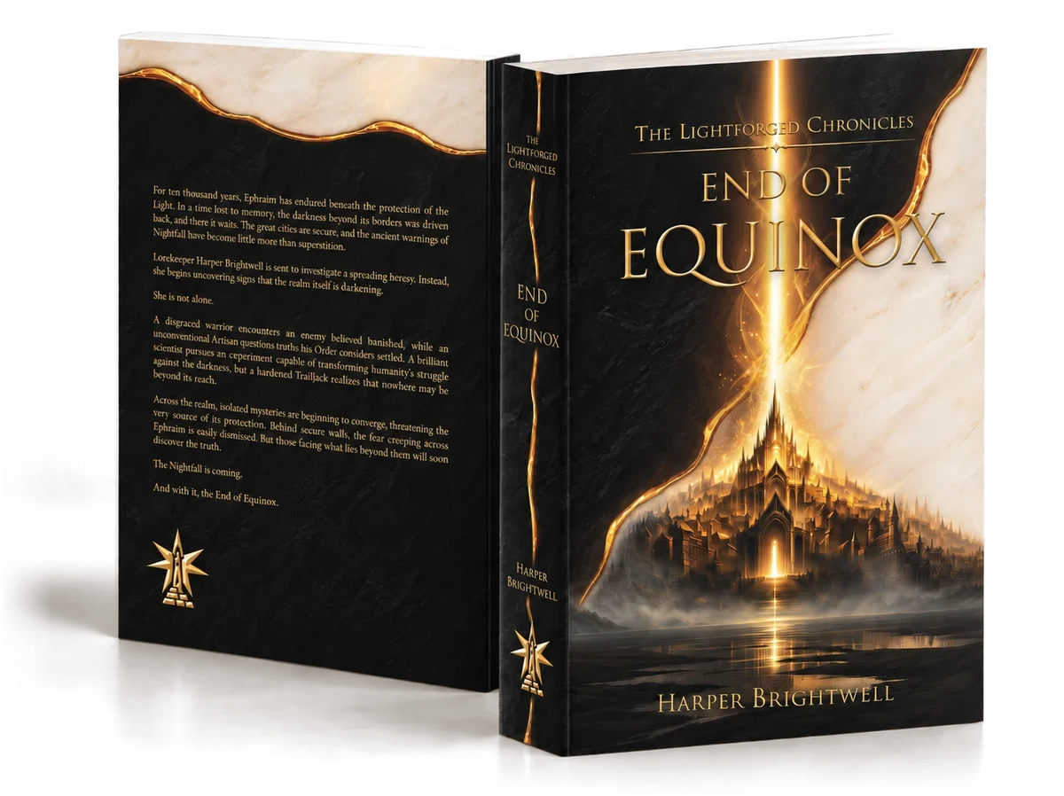 End of Equinox by Harper Brightwell, front cover and back cover of the paperback
