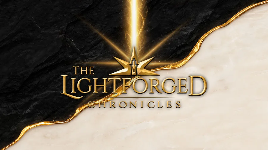The Lightforged Chronicles title in gold, split between black stone and white marble by a vein of molten gold