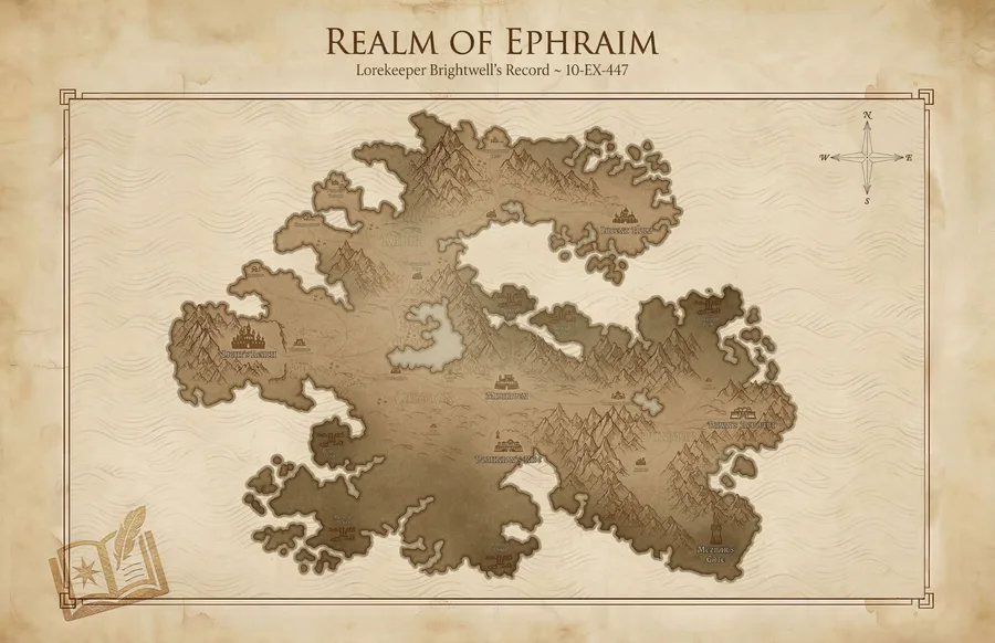 Parchment map of the Realm of Ephraim, showing Light's Reach, Midhaven, Lucent Hold, Dawn's Redoubt and Mezrak's Gate
